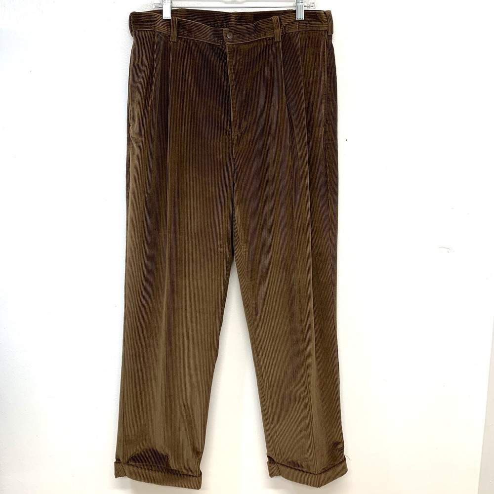 Vtg Jos A Bank Brown Wide Wale Pleated Corduroy Cuffed Trousers 35W 30L